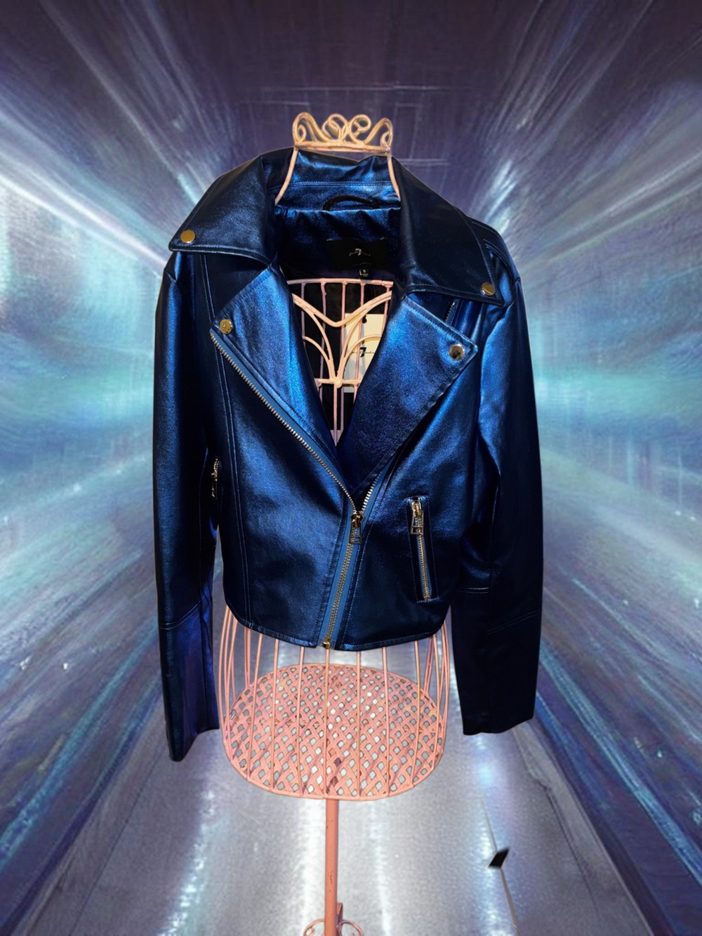 7 For All Mankind Metallic Electric Blue Moto Jacket NWT